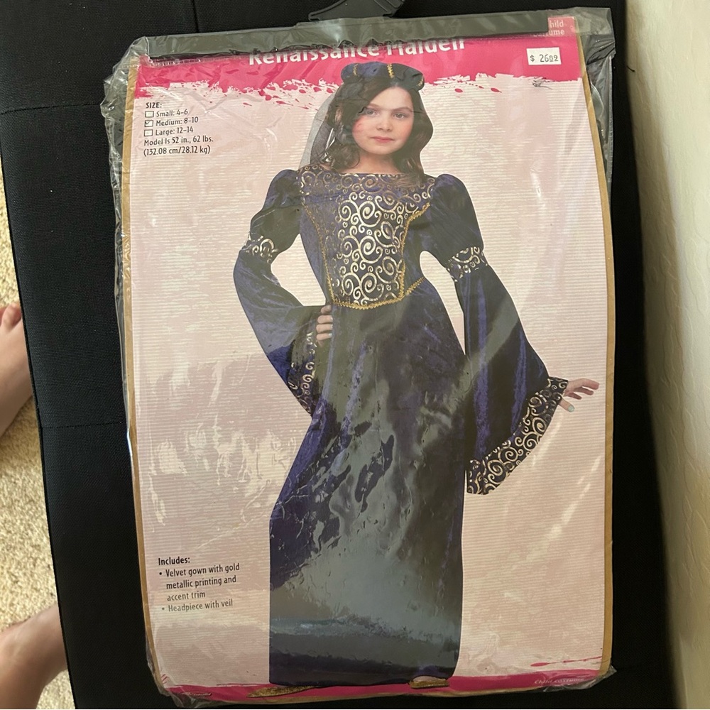 Renaissance Maiden Blue and Gold Embellished Bell Sleeve Gown Regal Costume New